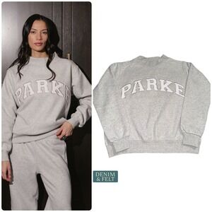 NEW Parke Varsity Mockneck Sweatshirt Grey Metallic Logo Fleece Pullover SM